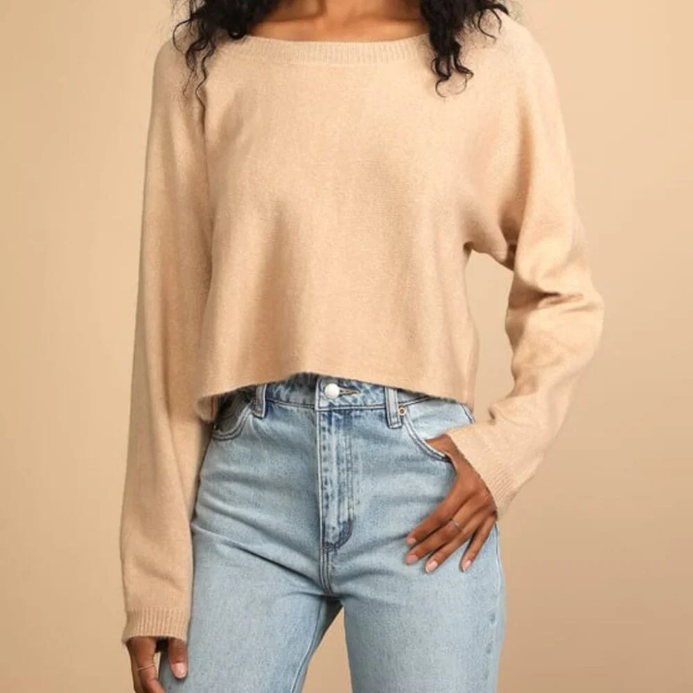 Women's Size Large Lulus Tan Knit Cropped Sweater Long Sleeve